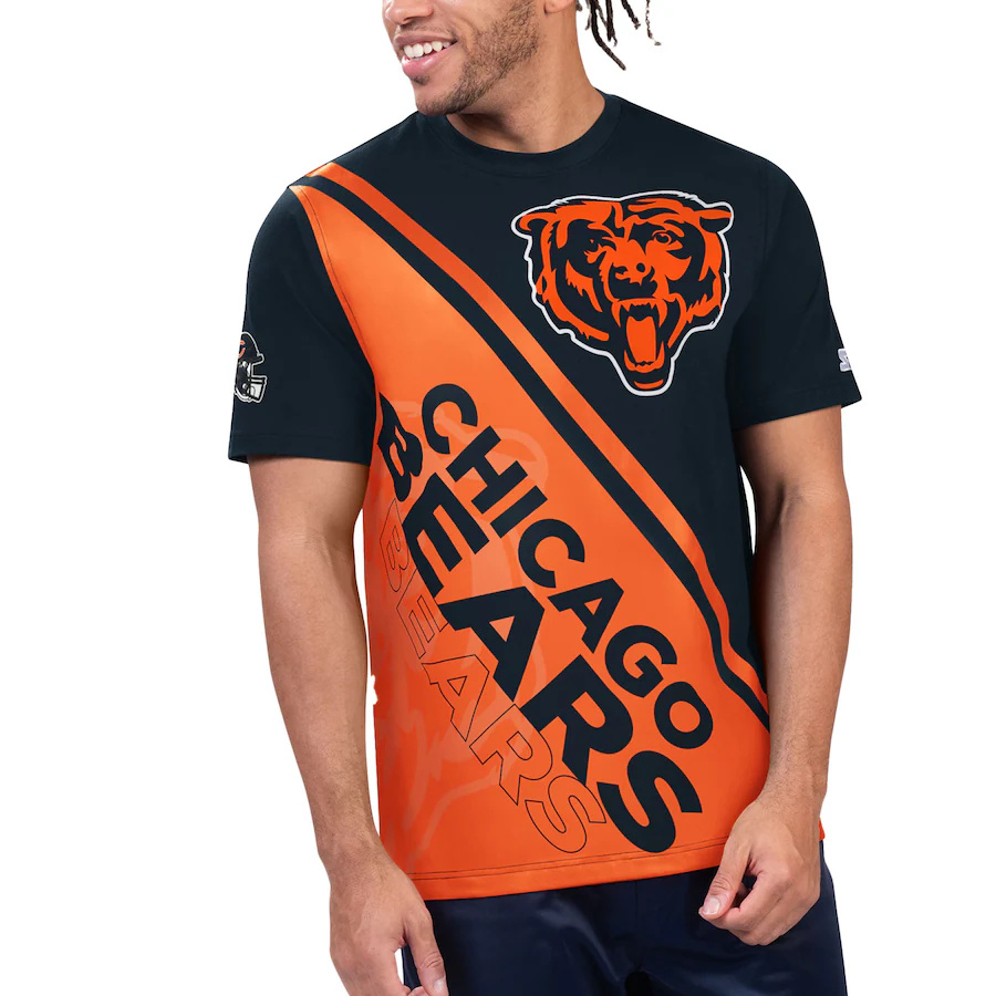 Men's Chicago Bears Navy/Orange Starter Finish Line T-Shirt - Click Image to Close